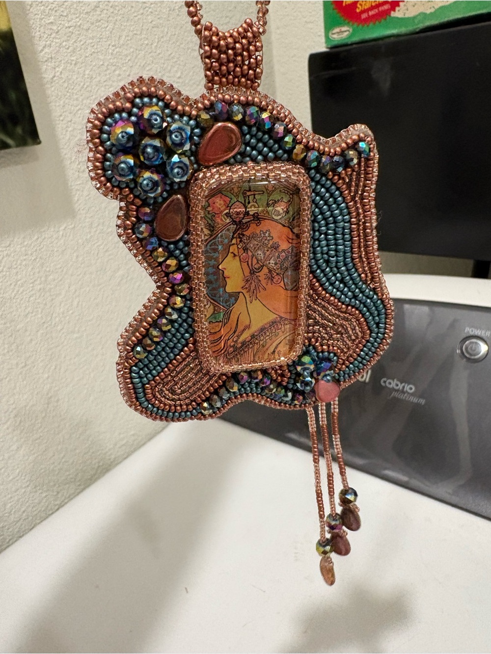 Handcrafted Copper and Teal Beaded Art Pendant necklace